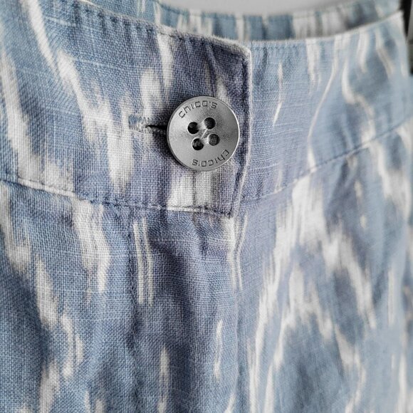 Chico's Ikat Blue White 100% Linen Tie Dye Abstract Print Wide Leg Pants - Picture 6 of 12